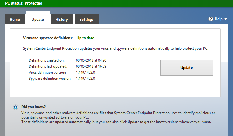 Windows 8 Antivirus Defender Update Tab