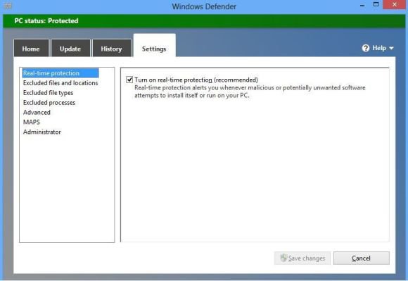 Windows 8 Antivirus Defender SettingsTab